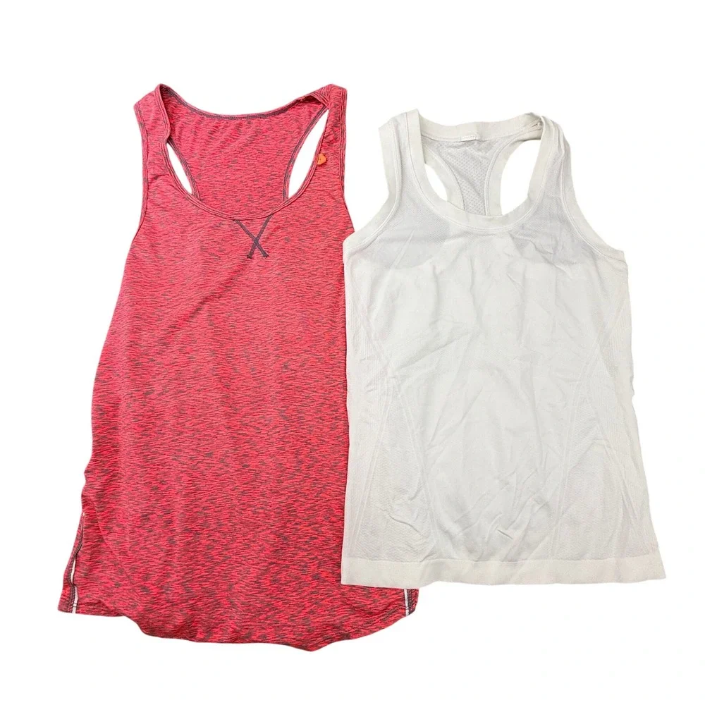 Athleta Tank Top Womens M Pink White Set of 2 Racerback Space Dye Mesh Athletic - Picture 1 of 12
